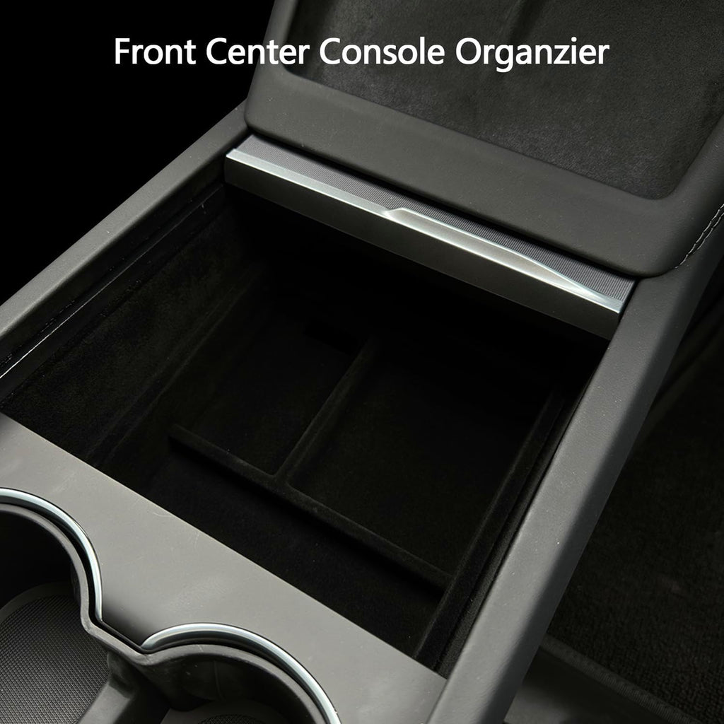 Tesla Model 3 Highland Front Center Console Organizer Tray, Flocked W/ Data Cable Hole, 2024-2026