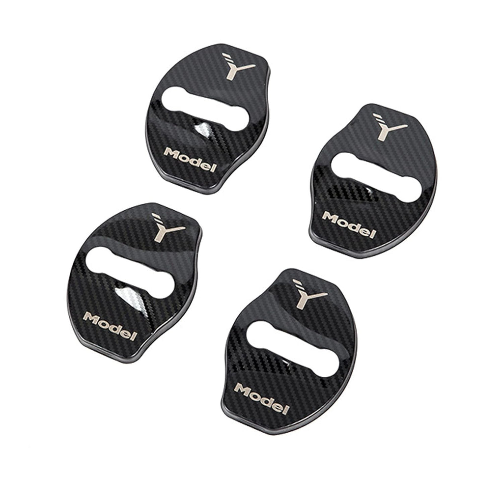 Tesla Model Y Door Latch Covers, Carbon Fiber Black Stainless Steel, 4pc Set
