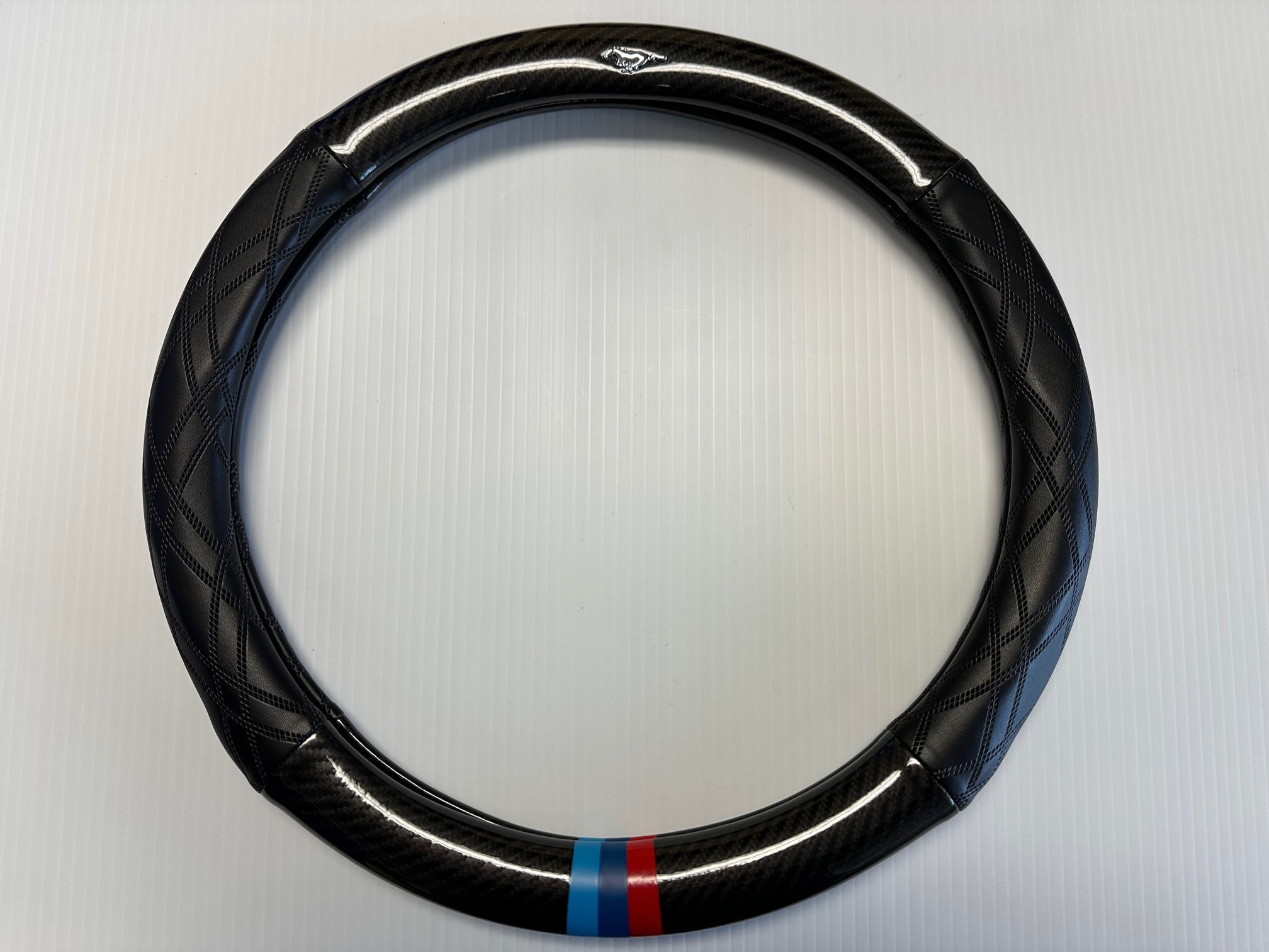 Mustang Mach-E Steering Wheel Cover, Leather, Carbon Fiber, with Logo, 2021-2024