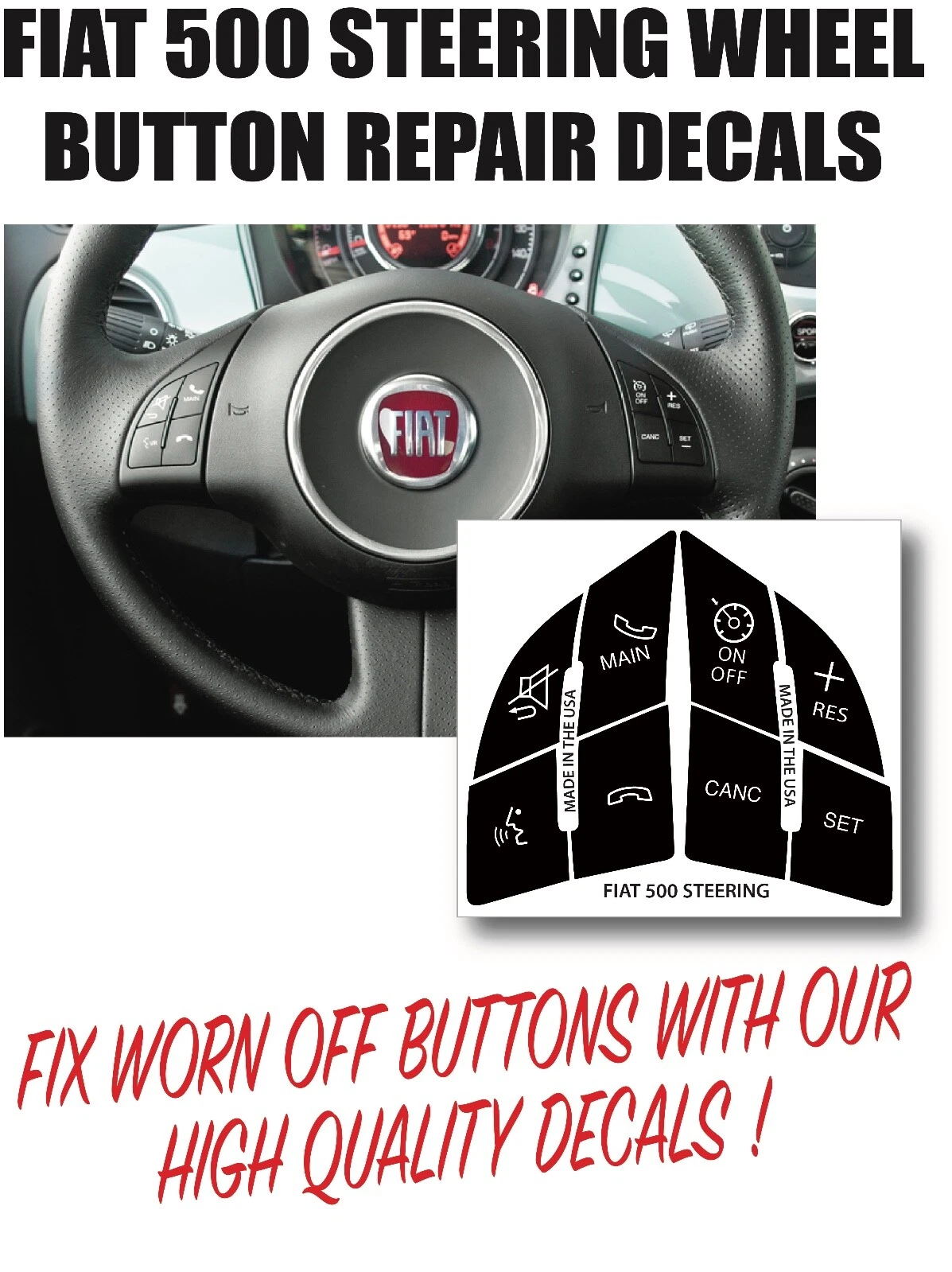 Fiat 500E Steering Wheel Switch Button Indicator Worn Peeling Button Repair Decal Kit, Black