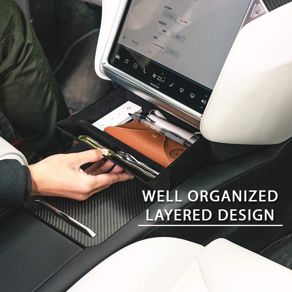 Tesla Model S, X Cubby Center Console Organizer Storage Box Drawer Tray, Carbon Fiber, 2012-2021