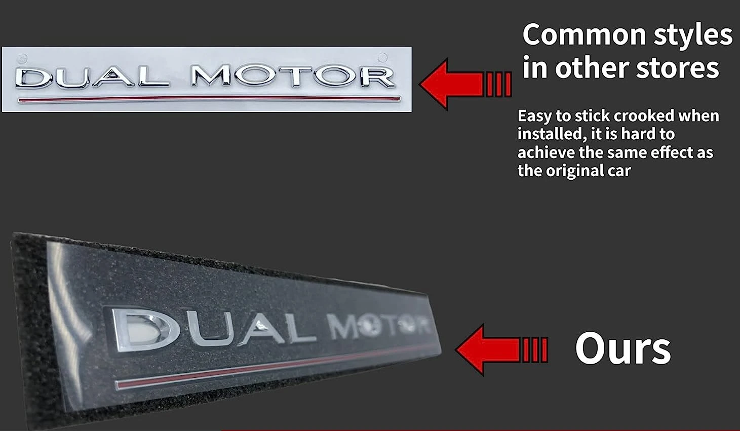 Tesla Model S, 3, X, Y, Chrome ABS Dual Motor Emblem, Chrome Red/Chrome Underline, Rear Trunk Emblem