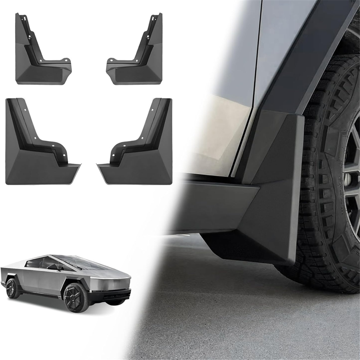 Tesla Cybertruck Mud Flaps, No-Hole, ABS, 4-Piece Set, 2023-2024