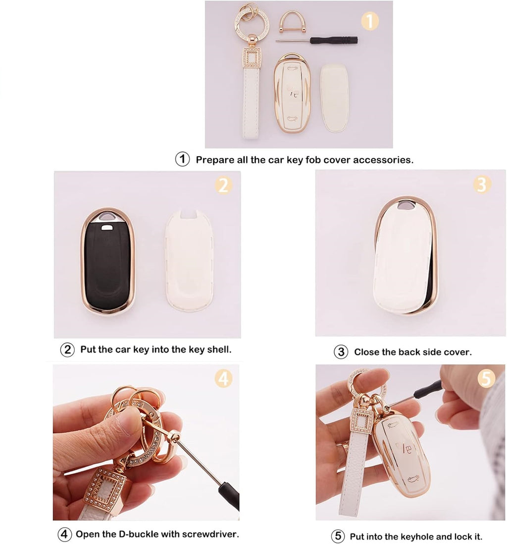 Tesla Model S, 3, Y, Soft TPU Key Fob Case Cover, White, with Gold Crystal Diamond Key Ring