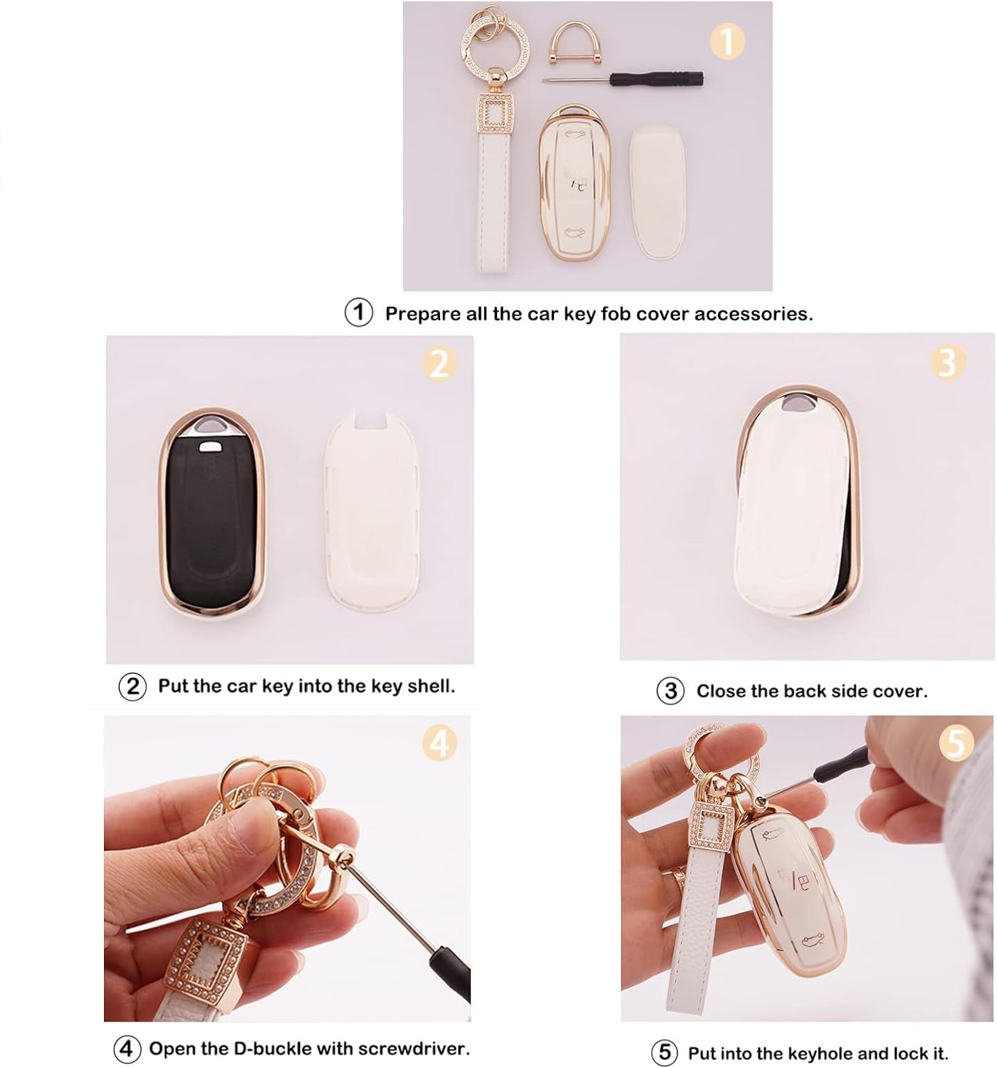 Tesla Model S, 3, Y, Soft TPU Key Fob Case Cover, White, with Gold Crystal Diamond Key Ring