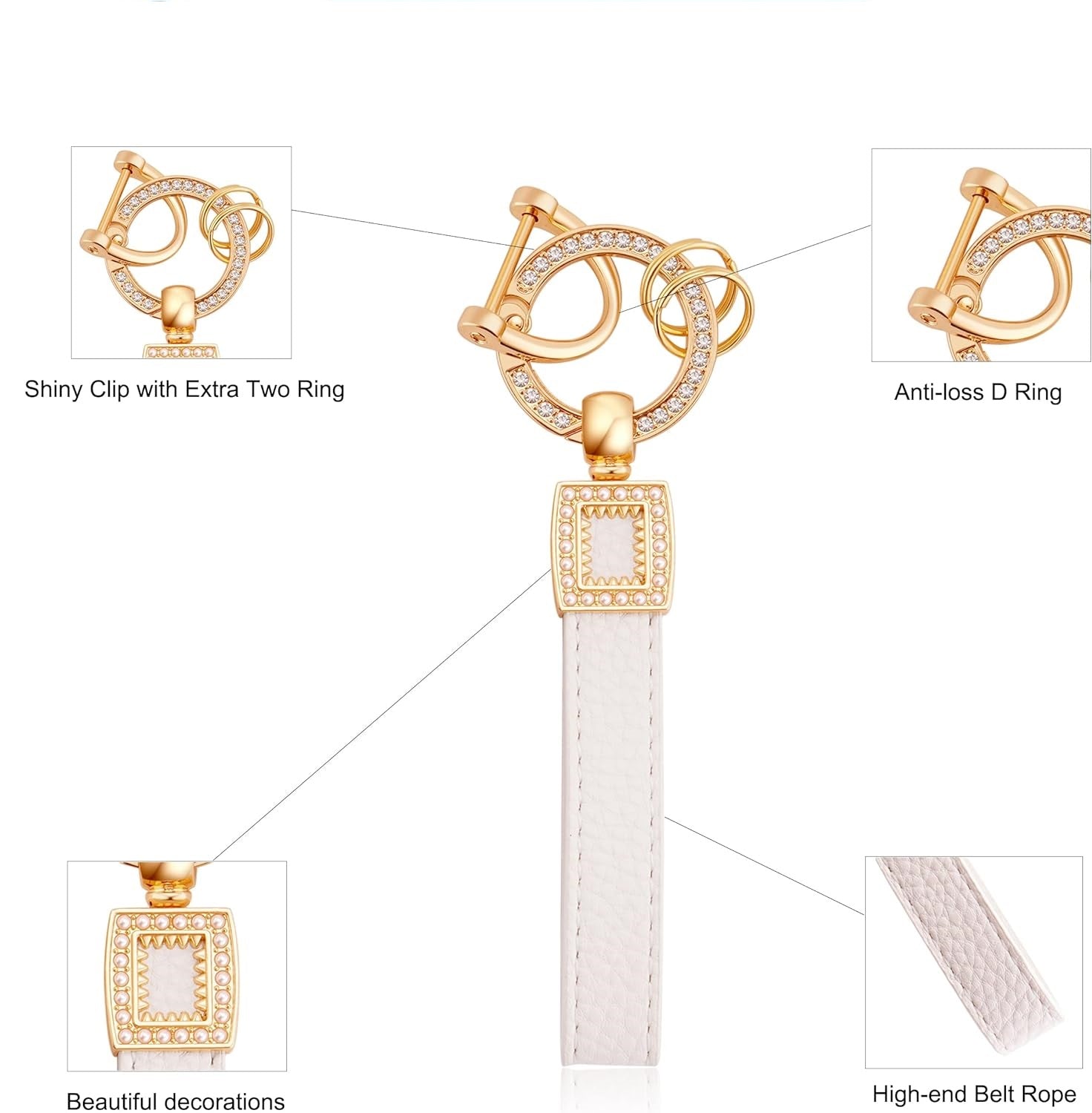 Tesla Model S, 3, Y, Soft TPU Key Fob Case Cover, White, with Gold Crystal Diamond Key Ring