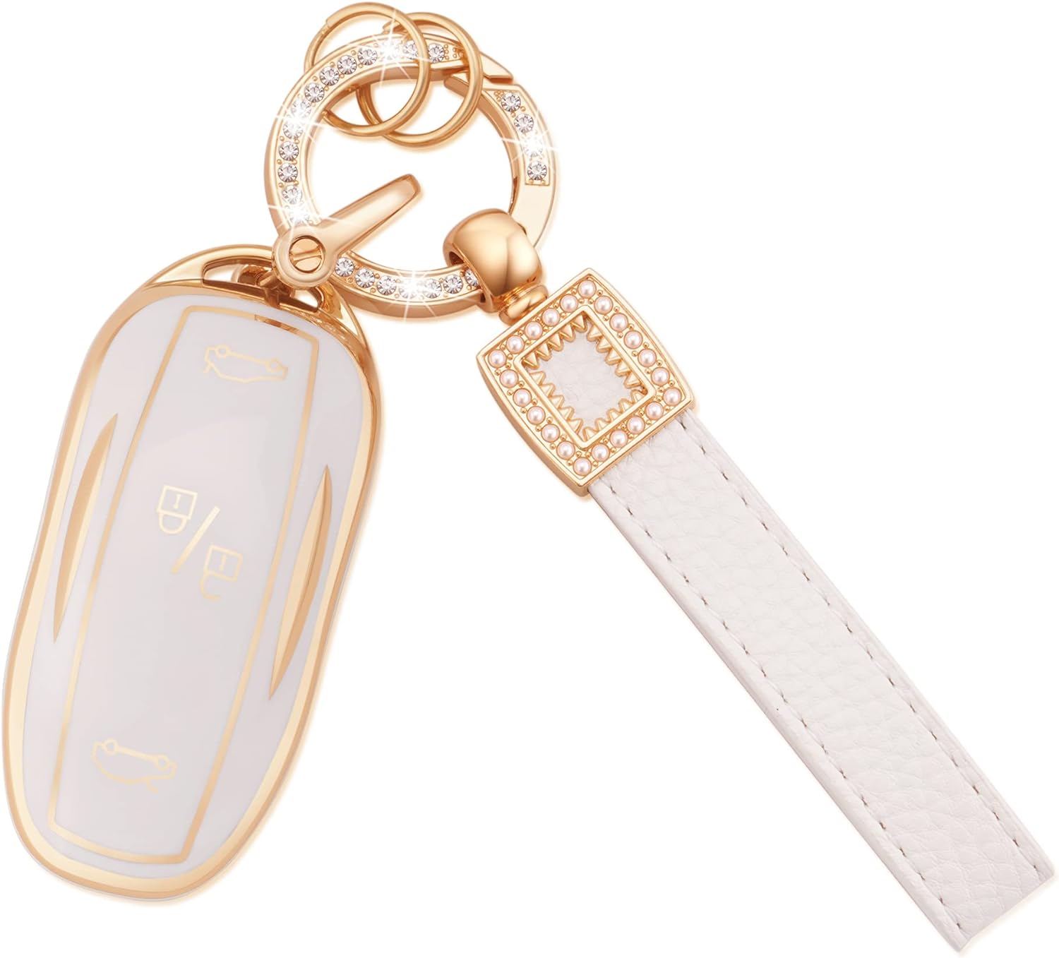 Tesla Model S, 3, Y, Soft TPU Key Fob Case Cover, White, with Gold Crystal Diamond Key Ring