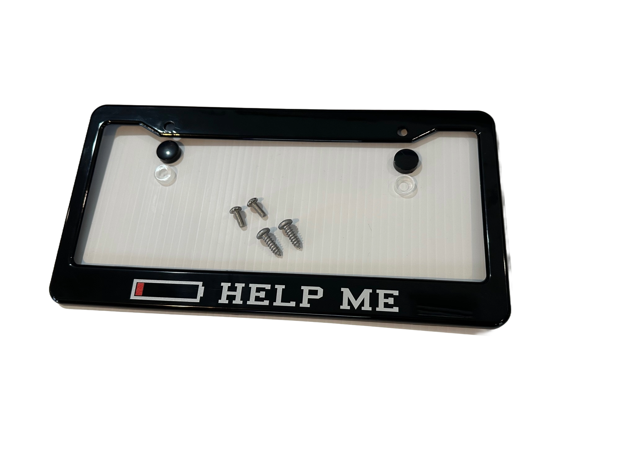 Tesla Model S, 3, X, Y, Cybertruck Black ABS License Plate Frame with Lettering "LOW BATTERY HELP ME"
