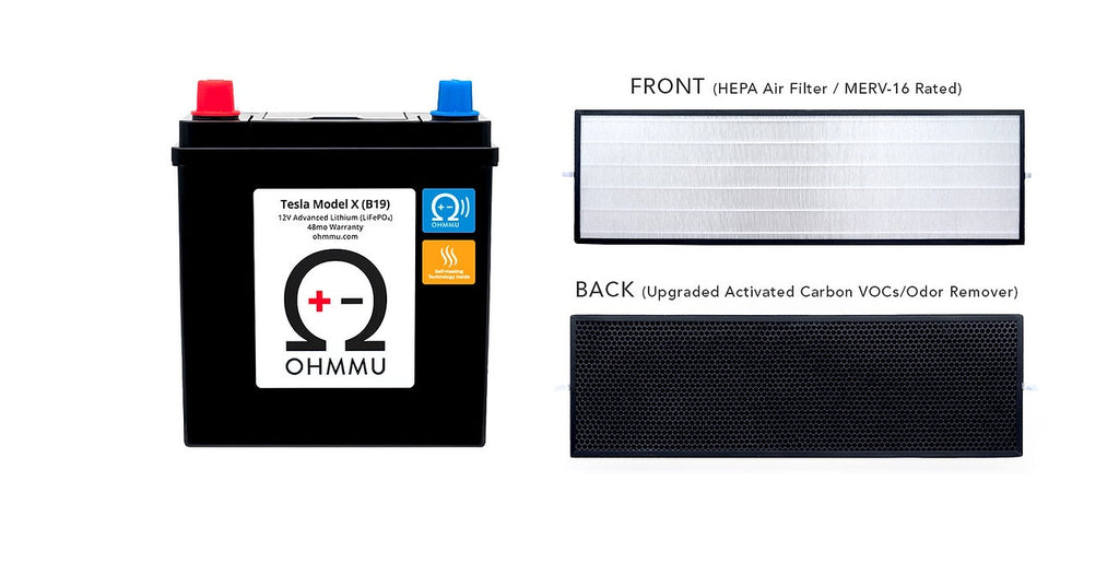 Tesla Model X 12 Volt Lithium Battery with HEPA Under Hood Cabin Filter, 2016-2021