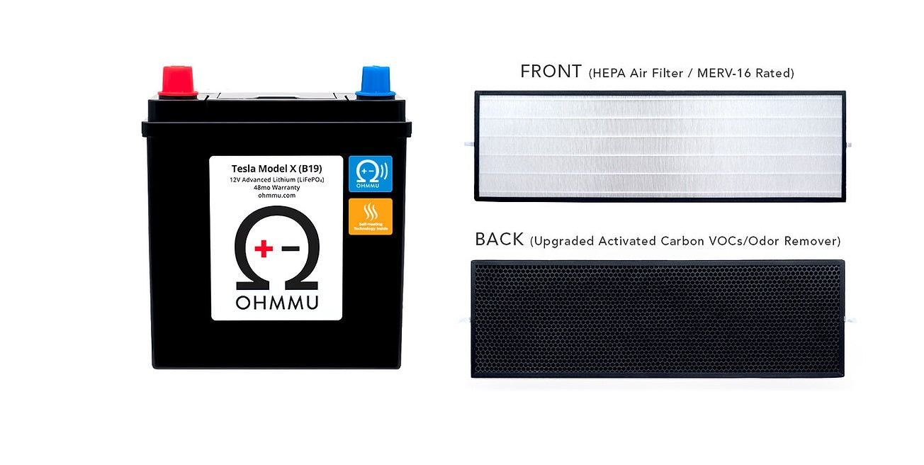 Tesla Model X 12 Volt Lithium Battery with HEPA Under Hood Cabin Filter, 2016-2021