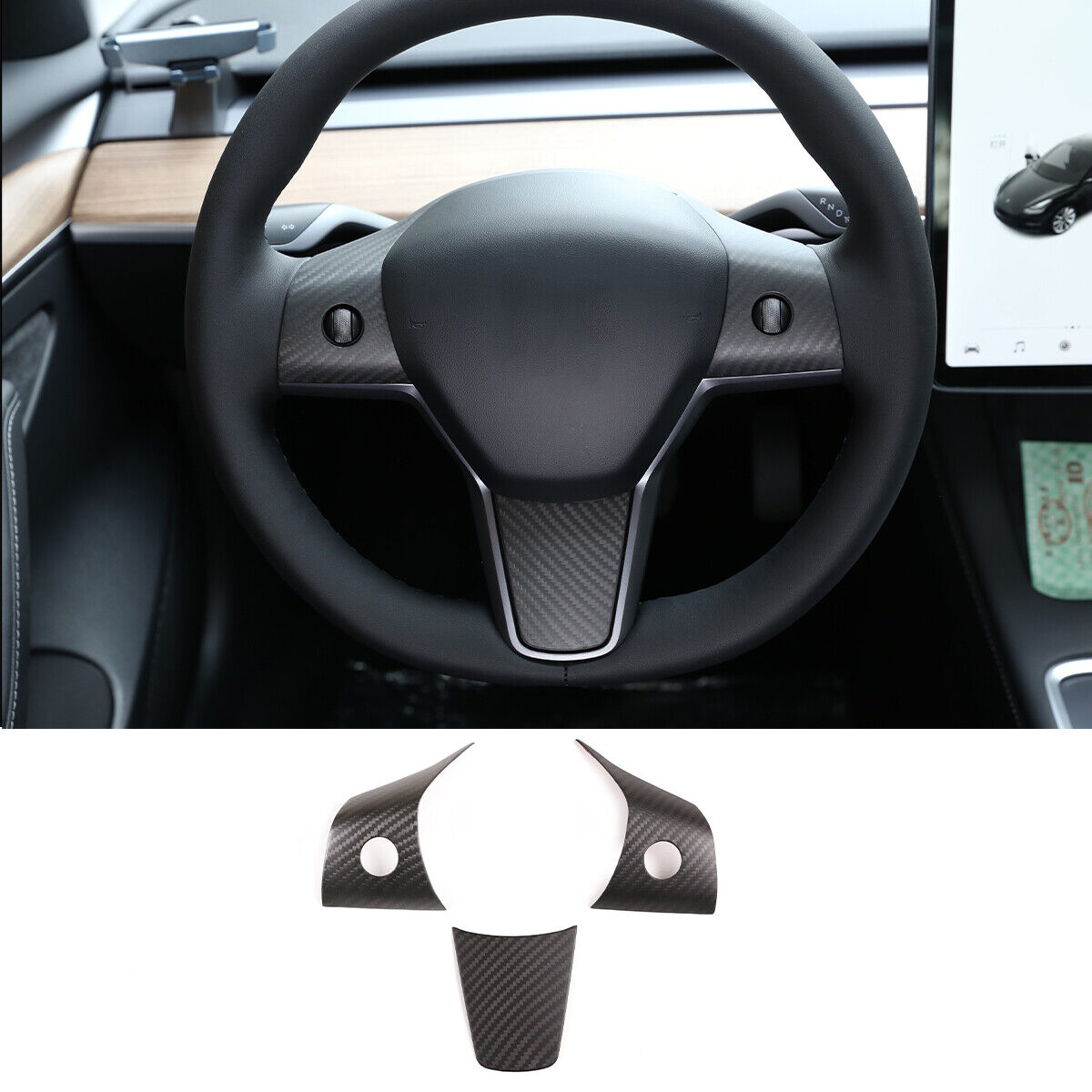 Tesla Model 3, Y, Matte Carbon Fiber Steering Wheel Trim, 2017-2024