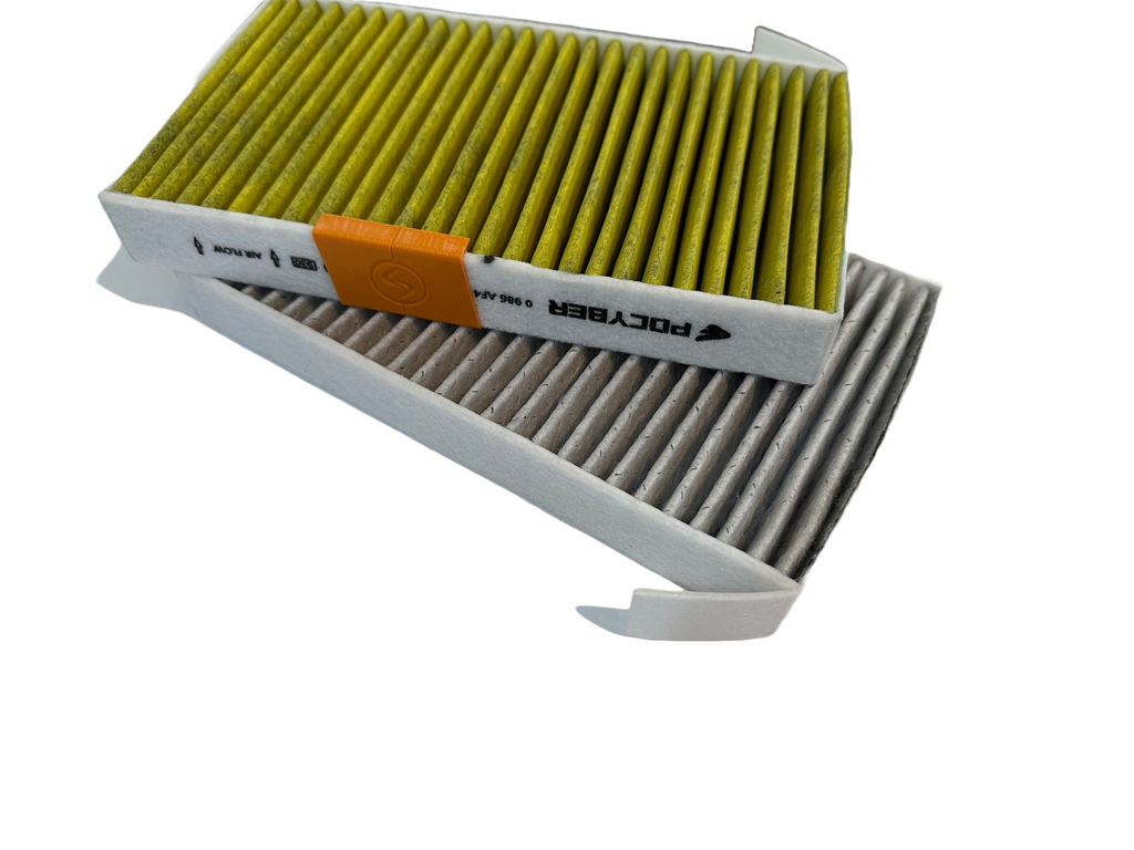 Tesla Model 3, Y Carbon Activated Cabin Filters with Moisture Eliminator Clip Installed, 2017-2026