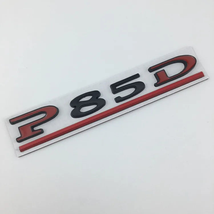Tesla Model S, Black / Red P85D Letter Emblem, 3D Metal