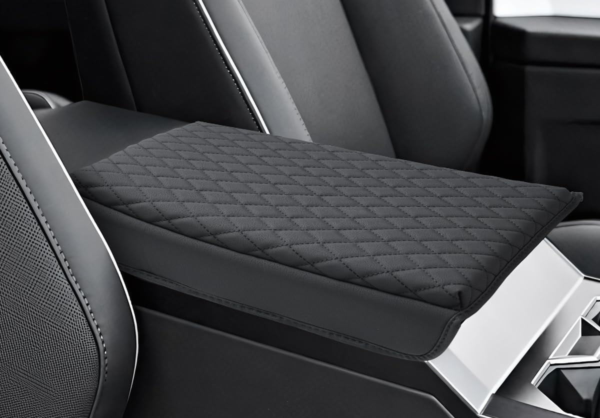 Tesla Cybertruck Leather Padded Diamond Pattern Console Cushion Armrest Cover, Black, 2023-2024