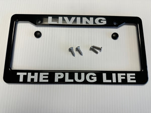 Electric Car "EV" License Plate Frame, "LIVING THE PLUG LIFE", Tesla, Chevy Bolt, Fiat 500E, Mustang Mach-E