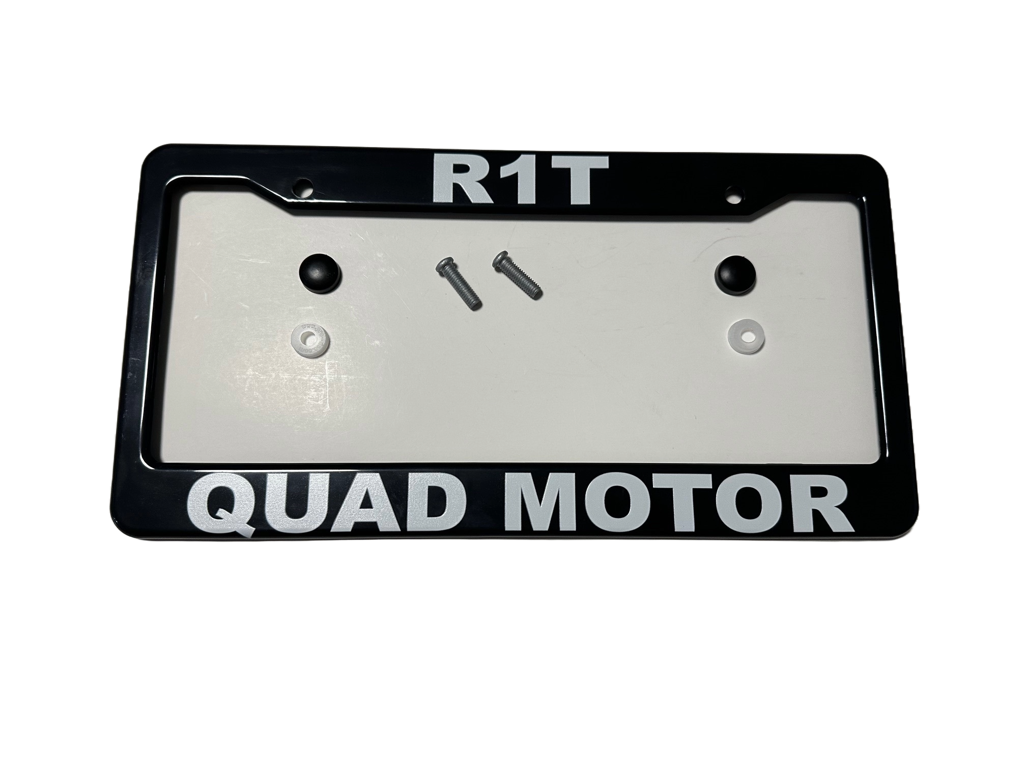 Black ABS License Plate Frame with lettering "R1T Quad Motor" for Rivian R1T