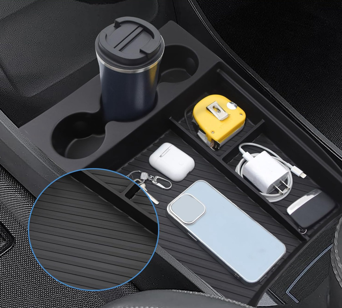 Front Lower Console Insert Storage Tray with Drink Holder for Rivian R1T, R1S