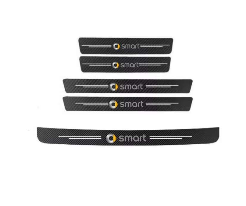 Smart Car Fortwo Door Sill & Rear Bumper, Trunk Protector Decals, Black Carbon Fiber. 5 pc Set