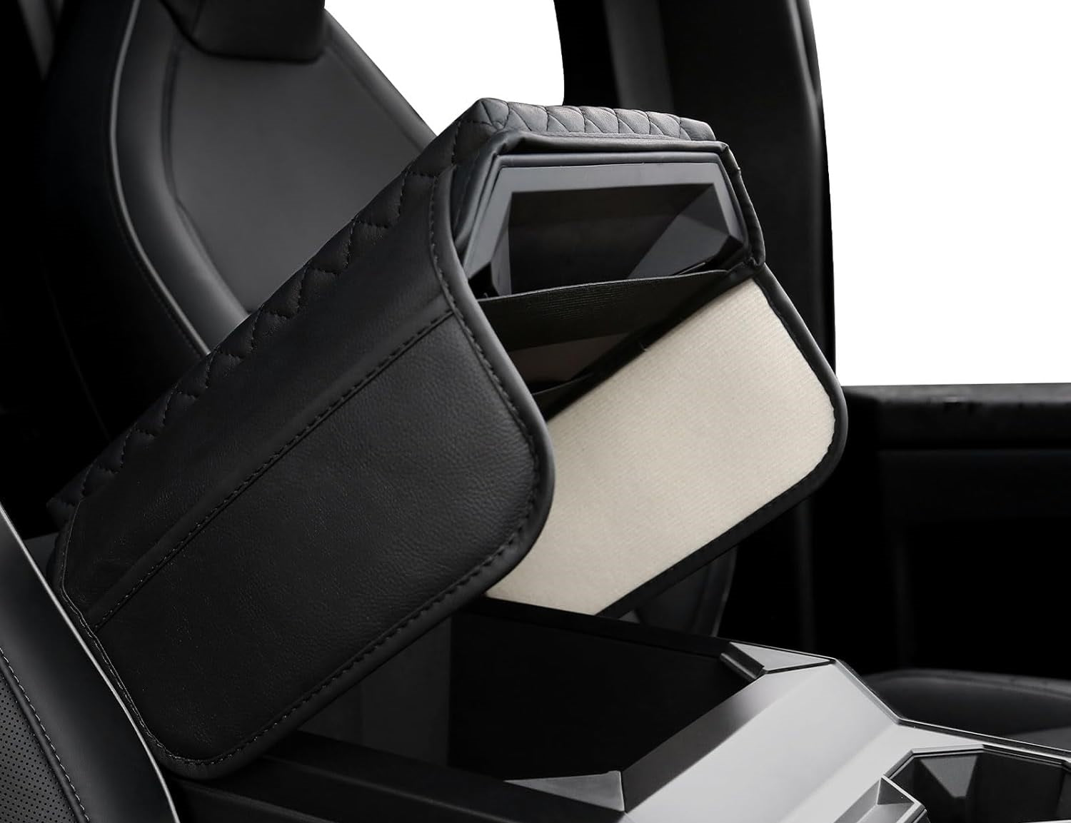 Tesla Cybertruck Leather Padded Diamond Pattern Console Cushion Armrest Cover W/ Pockets, Black, 2023-2025