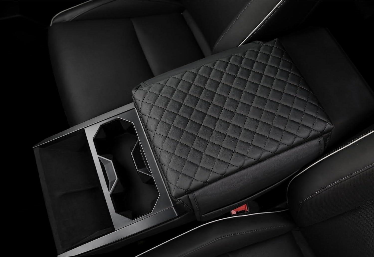 Tesla Cybertruck Leather Padded Diamond Pattern Console Cushion Armrest Cover W/ Pockets, Black, 2023-2025