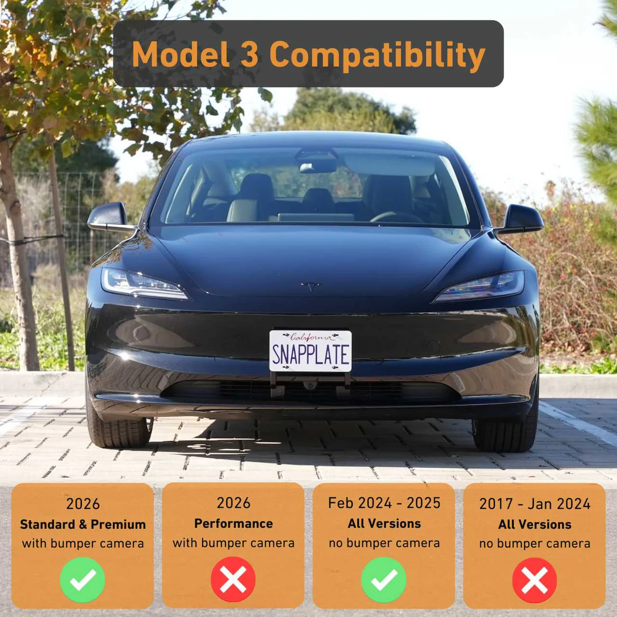 Tesla Model 3 SNAPPLATE Front License Plate Mount, Removable, 2026 Highland Refresh Standard, Premium