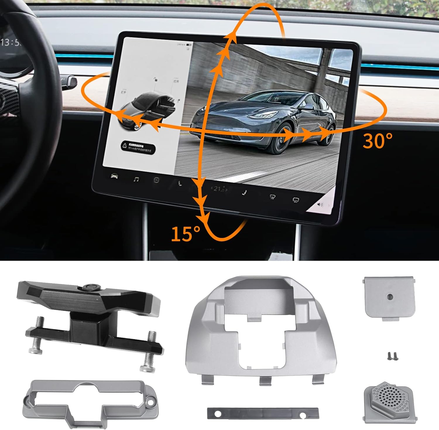 Tesla Model 3, Y Swiveling Screen Mount Kit, Left, Right, Up, Down, Original Gray Color, 2017-2023