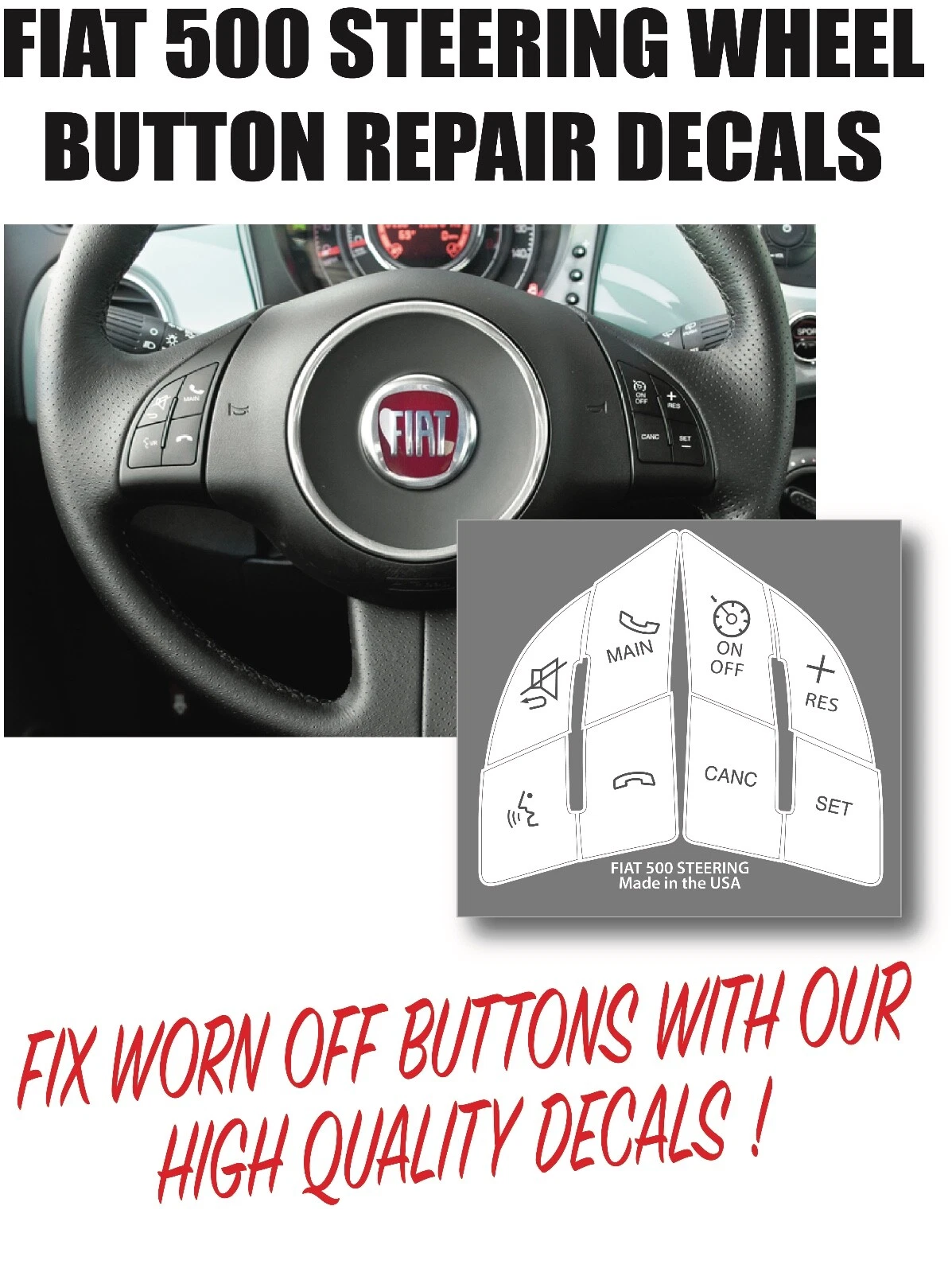 Fiat 500E Steering Wheel Switch Button Indicator Worn Peeling Button Repair Decal Kit, White