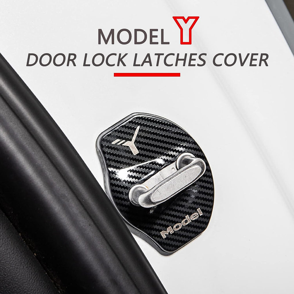 Tesla Model Y Door Latch Covers, Carbon Fiber Black Stainless Steel, 4pc Set