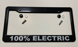 Electric Car "EV" License Plate Frame, "100% ELECTRIC", Black