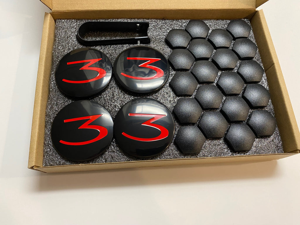 Tesla Model 3 Wheel Cap Kit, Red 3 Logo, Matte Black Lug Cap Covers, 2017-2022