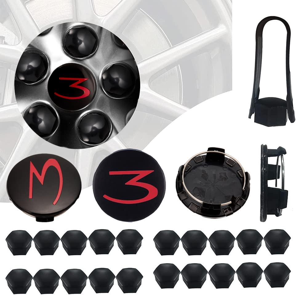 Tesla Model 3 Wheel Cap Kit, Red 3 Logo, Matte Black Lug Cap Covers, 2017-2022