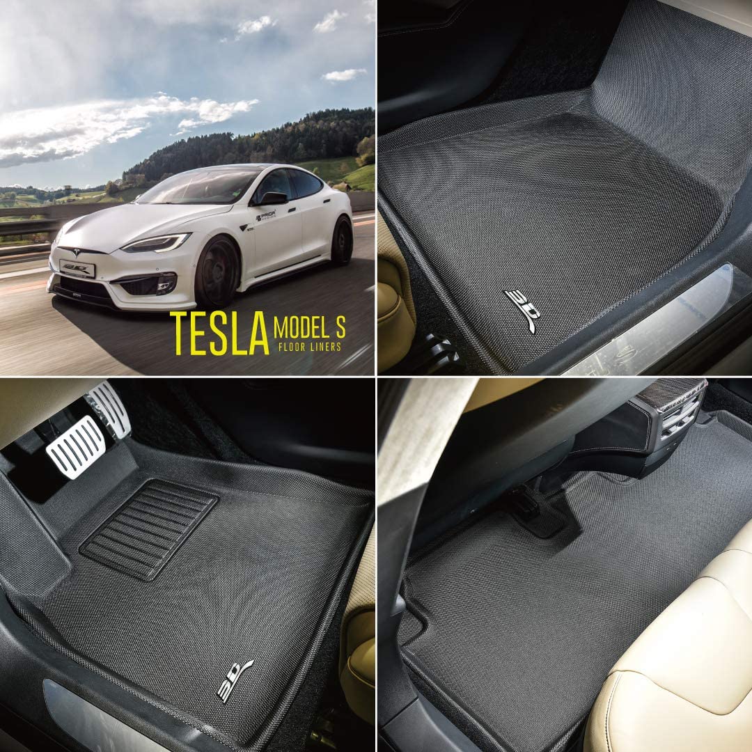 Tesla Model S Front & Rear Floor Mats, 3D MAXpider Kagu 1st & 2nd Row Floor Mats, Black, 2015-2019