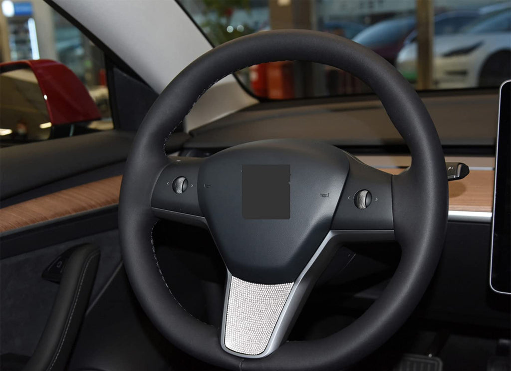 Tesla Model 3, Y, Lower Steering Wheel Emblem Sticker Silver Crystal Bling