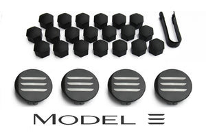 Tesla Model 3 Wheel Cap Kit, White Stripes, Matte Black Lug Cap Covers, 2017-2023