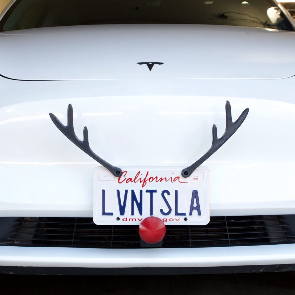 Tesla Model S, 3, X, Y License Plate Reindeer Kit, Black Antlers, Red Nose