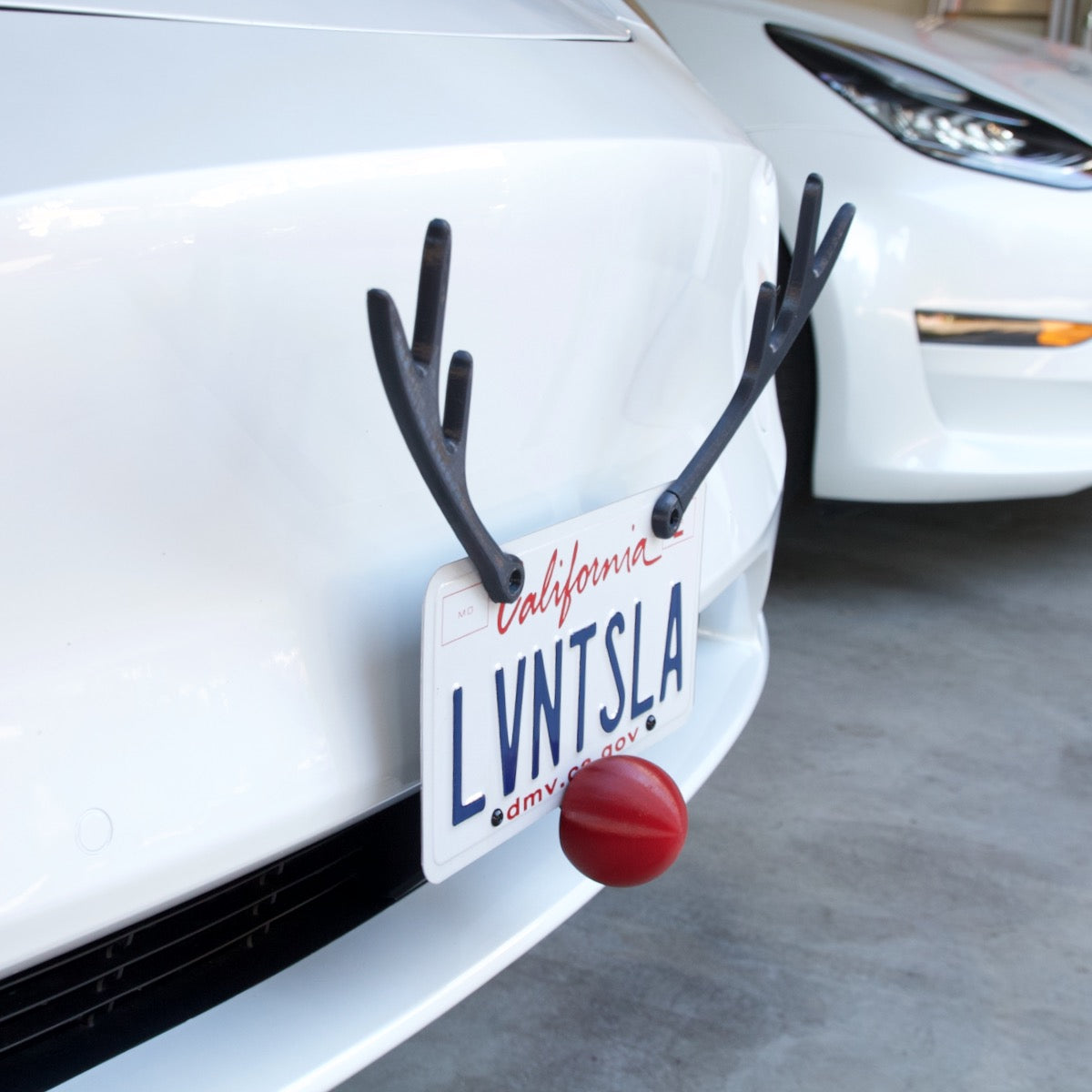 Tesla Model S, 3, X, Y License Plate Reindeer Kit, Black Antlers, Red Nose