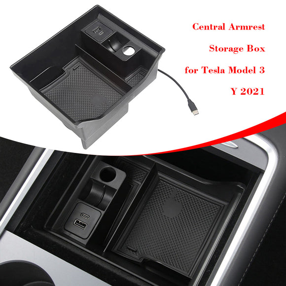 2021 Tesla Model 3, Y Center Console Storage Box With USB & Cup Holder, 2021