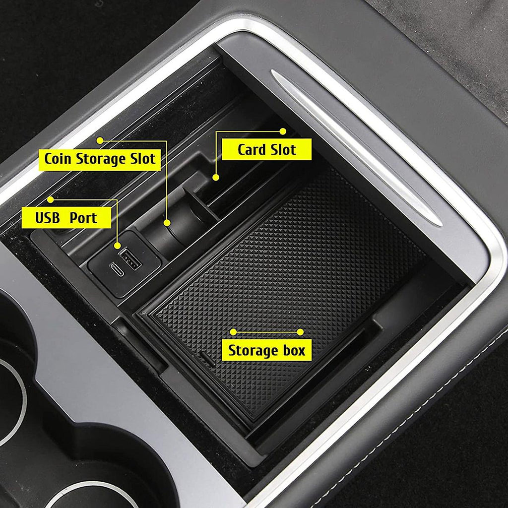 Tesla Model 3, Y Center Console Storage Box with USB Port, Pop-Up Click Function, 2021-2022