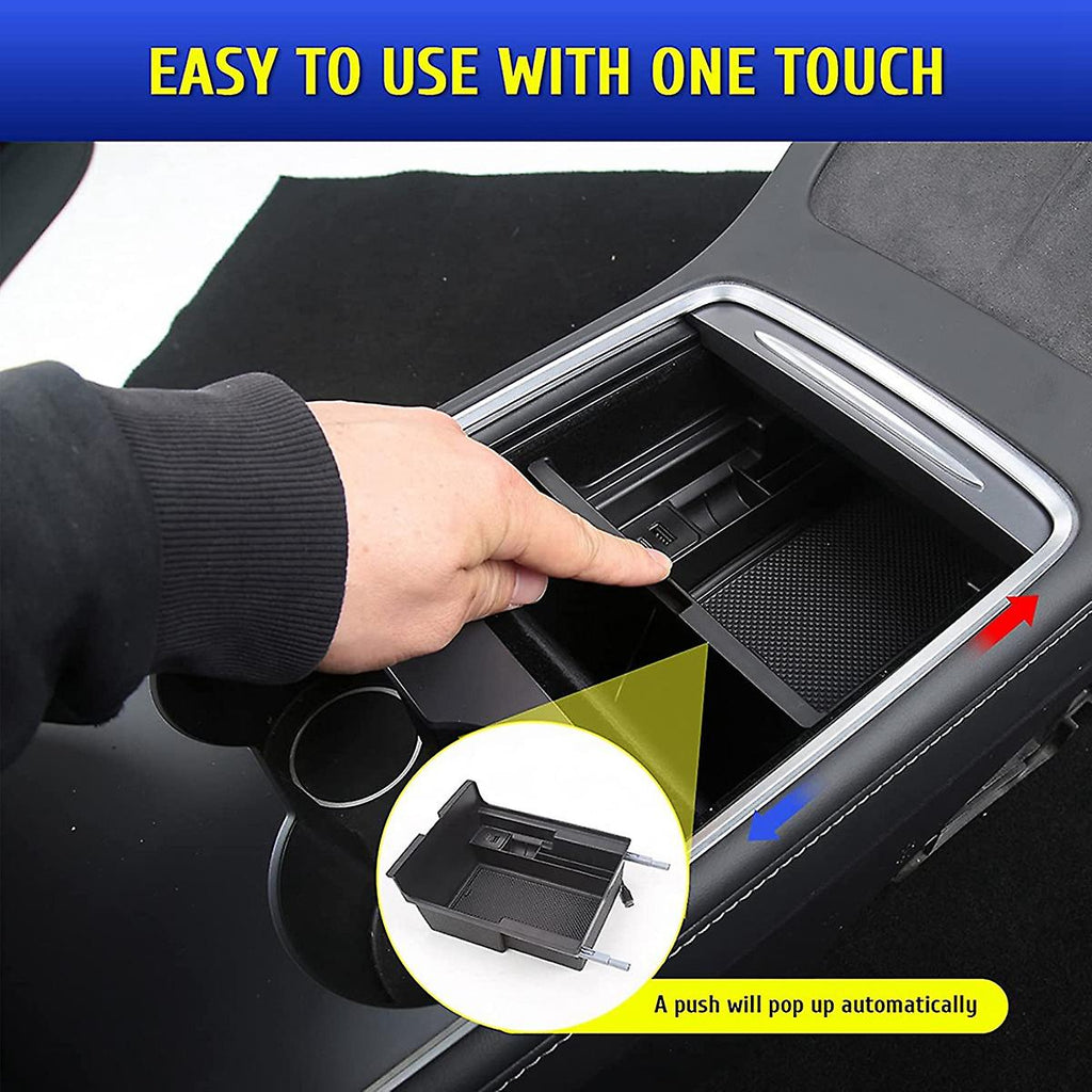Tesla Model 3, Y Center Console Storage Box with USB Port, Pop-Up Click Function