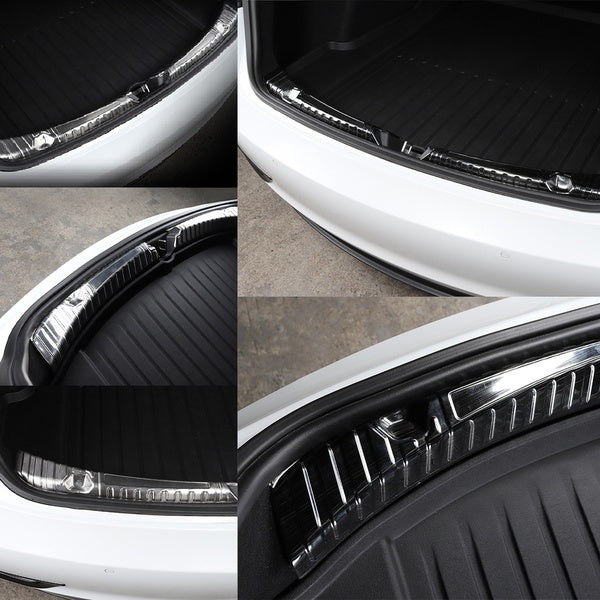 Tesla Model 3 Rear Bumper Edge Cover Guard Protector Scuff Plates, Stainless Steel Carbon Fiber, 2017-2023