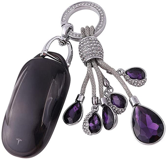 Tesla Model S, 3, Y, Soft TPU Key Fob Case Cover, Black, with Purple Crystal Diamond Key Ring