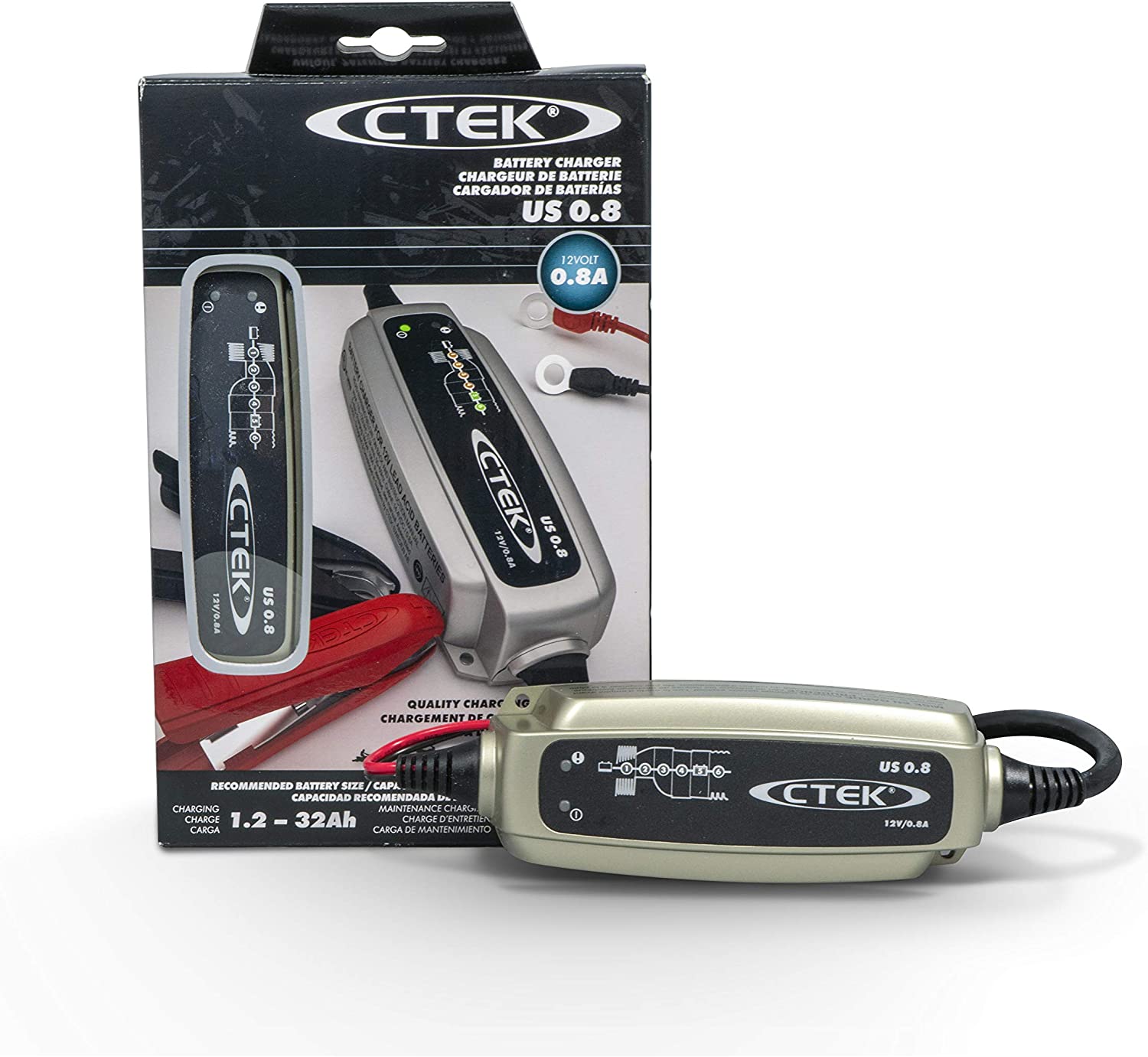 CTEK US 0.8 12 Volt Fully Automatic 6 Step Battery Charger, Black