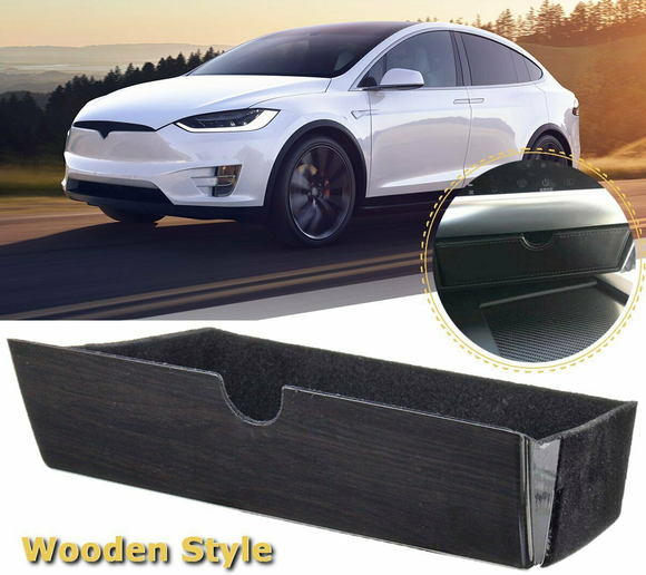 Tesla Model S, X Cubby Center Console Organizer Storage Box Drawer Tray, Black Wood Grain, 2012-2021