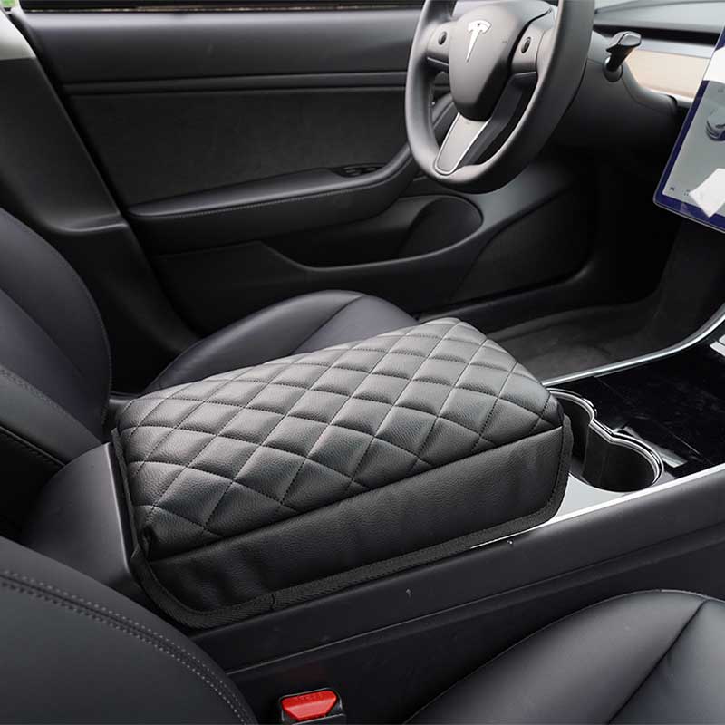 Tesla Model 3, Y, PU Leather Padded Diamond Pattern Center Console Cushion Armrest Cover, Black
