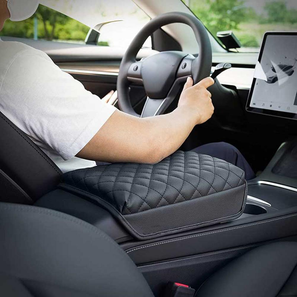 Tesla Model 3, Y, PU Leather Padded Diamond Pattern Center Console Cushion Armrest Cover, Black