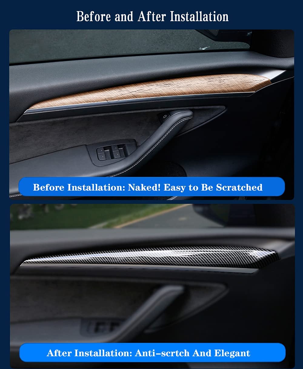 Tesla Model 3, Y, Interior Door Panel Molding Trim, ABS Black Carbon Fiber, Pair, 2021-2022