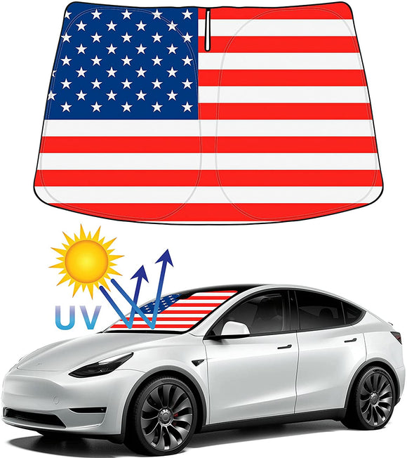Tesla Model 3, Y Front Windshield Sunshade Foldable UV Reflecting Sun Shade Protector with American Flag Style, 2017-2022