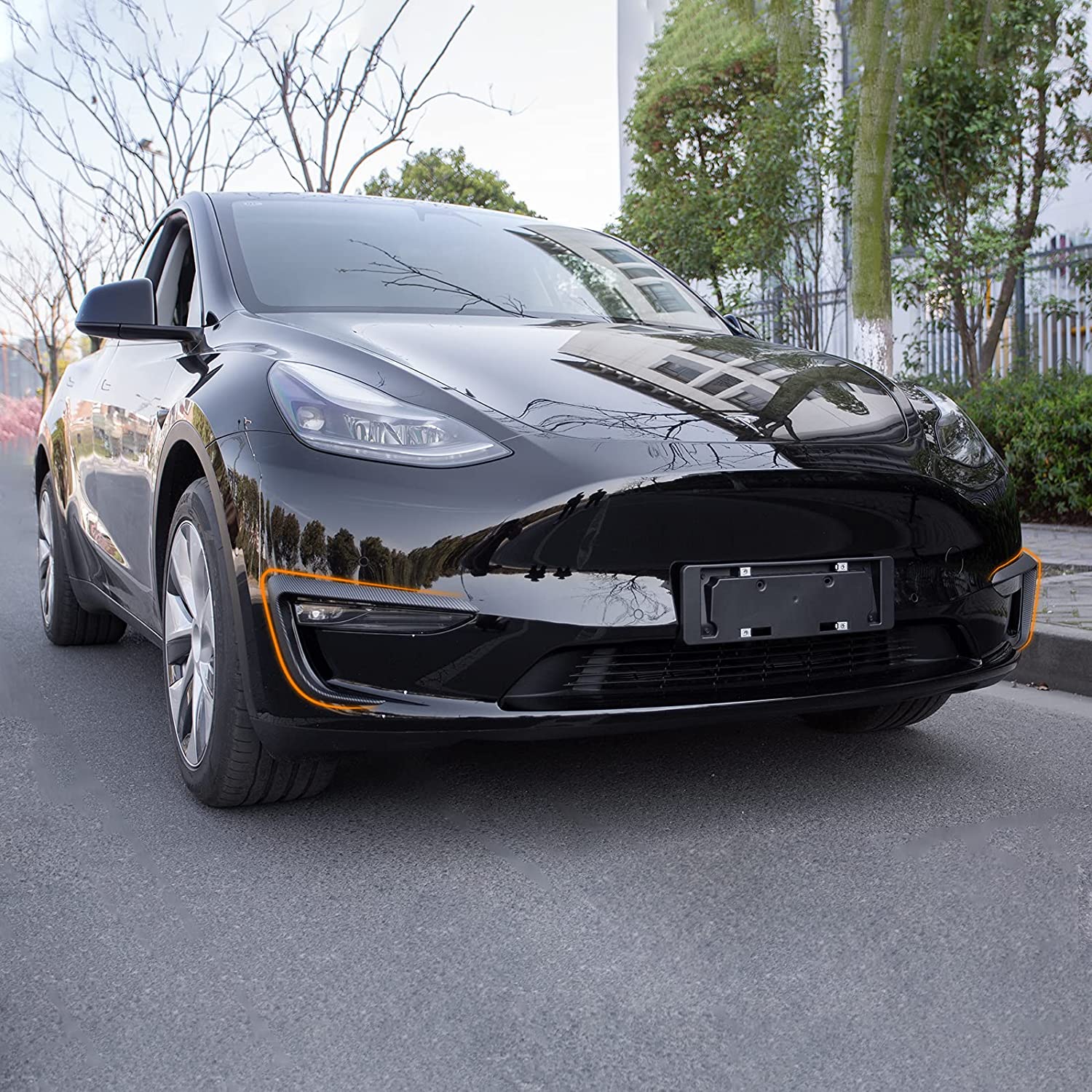 Tesla Model Y Front Fog Light Trim Spoiler Light Cover Eyebrow Covers, Matte Carbon Fiber, 2020-2024