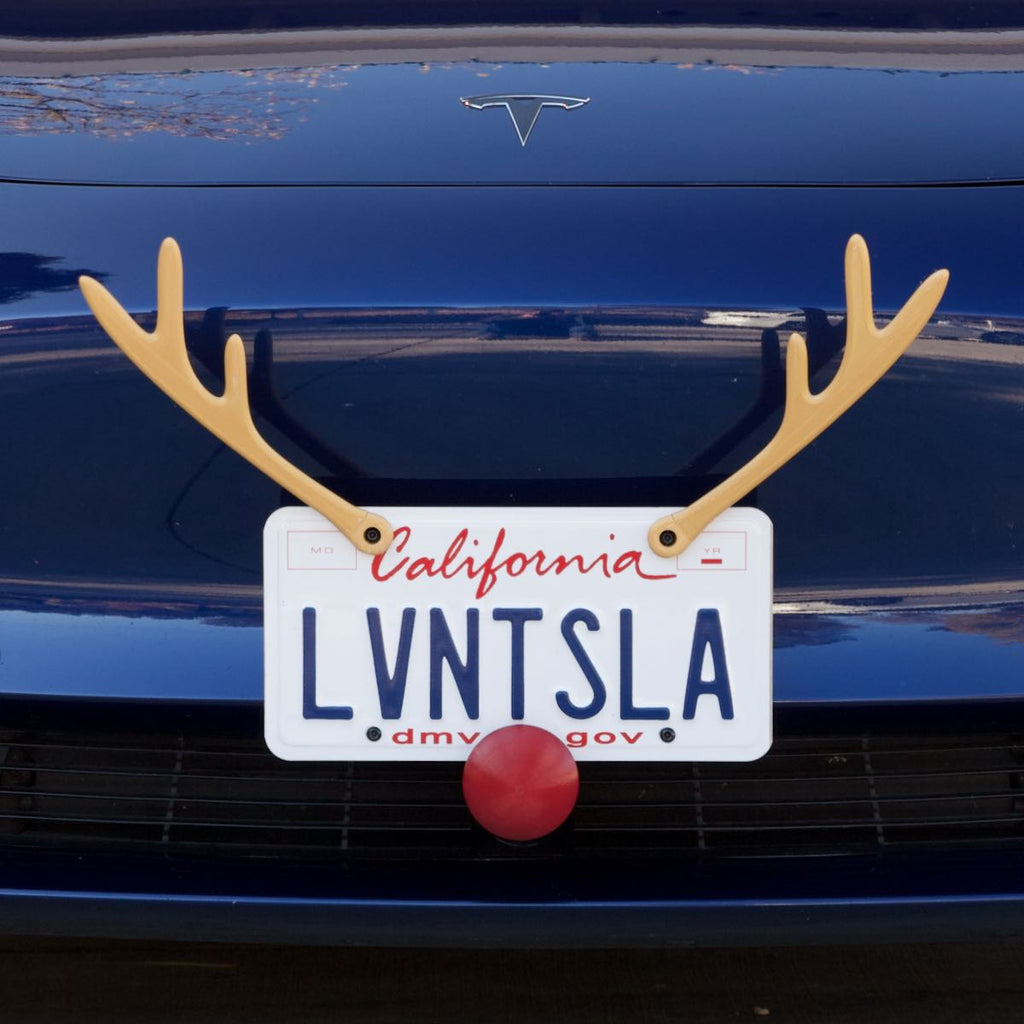 Tesla Model S, 3, X, Y License Plate Reindeer Kit, Gold Antlers, Red Nose