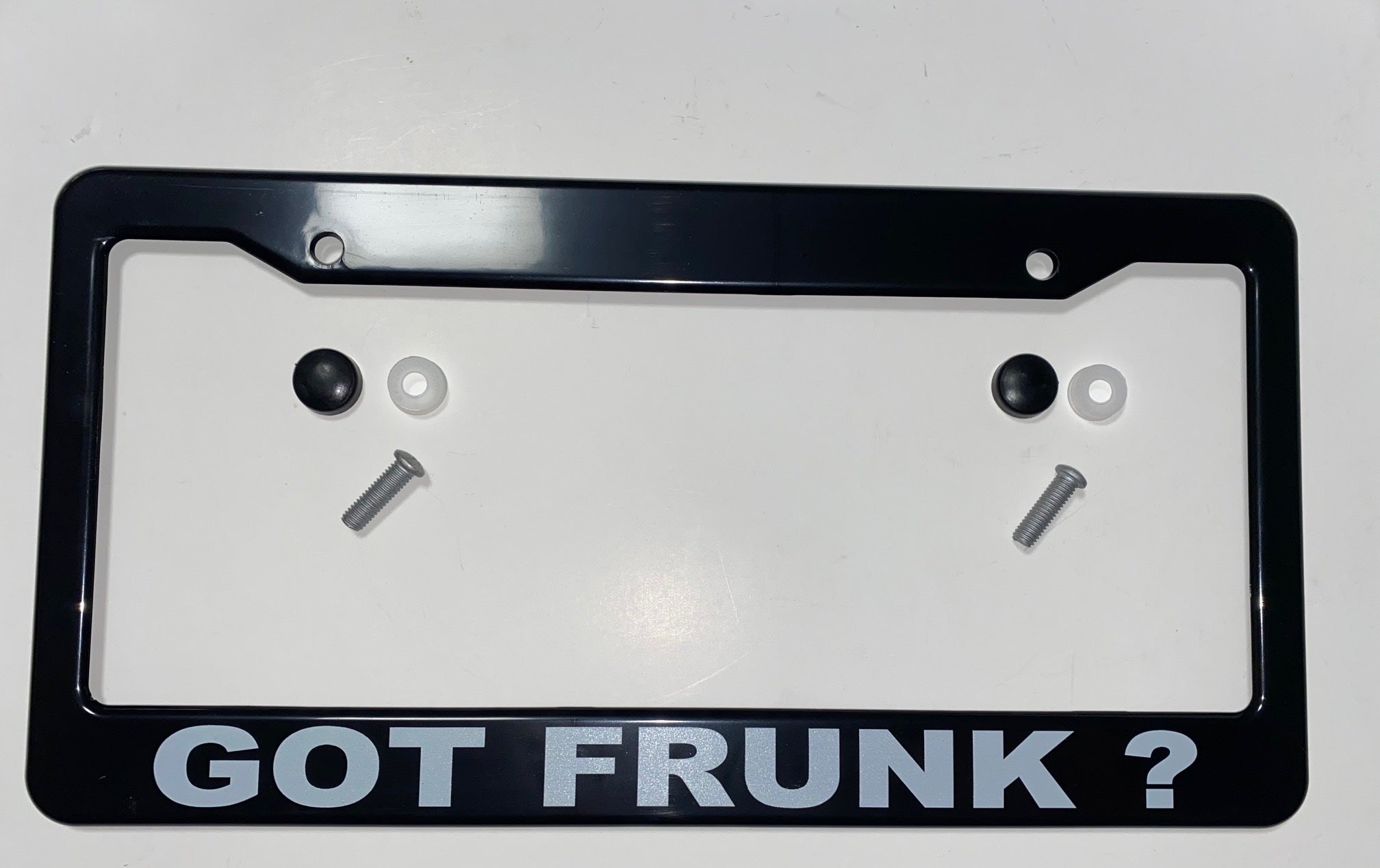 Tesla Model S, 3, X, Y, Cybertruck Black ABS License Plate Frame with lettering "GOT FRUNK ? "